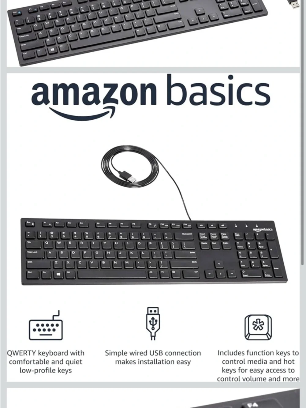 Amazon Basics Black Wired USB Full-Size Keyboard